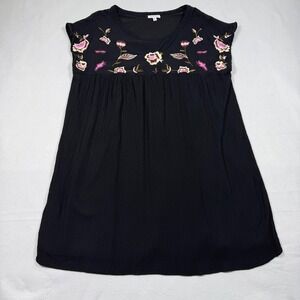 Dizzylissy Womens XL Black Floral Embroidered Sleeveless‎ Gauze Tunic Top Blouse